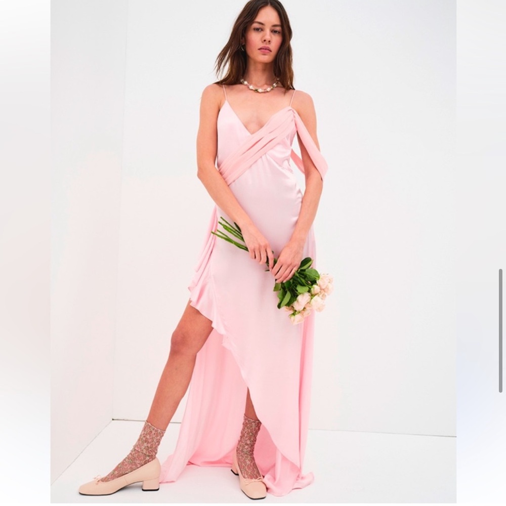 NWT For Love & Lemons Draped Plunge Neck Asymmetric James Maxi Dress Pink‎ Small